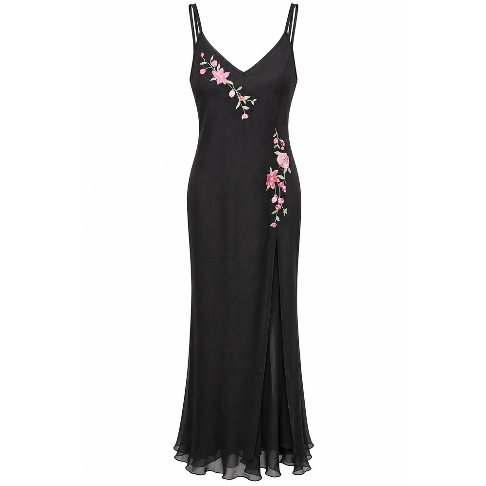 California Dynasty Vintage Black Floral Embroidered Maxi Gown Dress Slit Medium